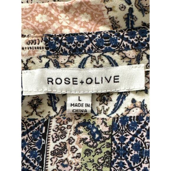 Rose + Olive Faux Patchwork Lightweight Blouse L Blue Pink Coquette Boho - Picture 6 of 11